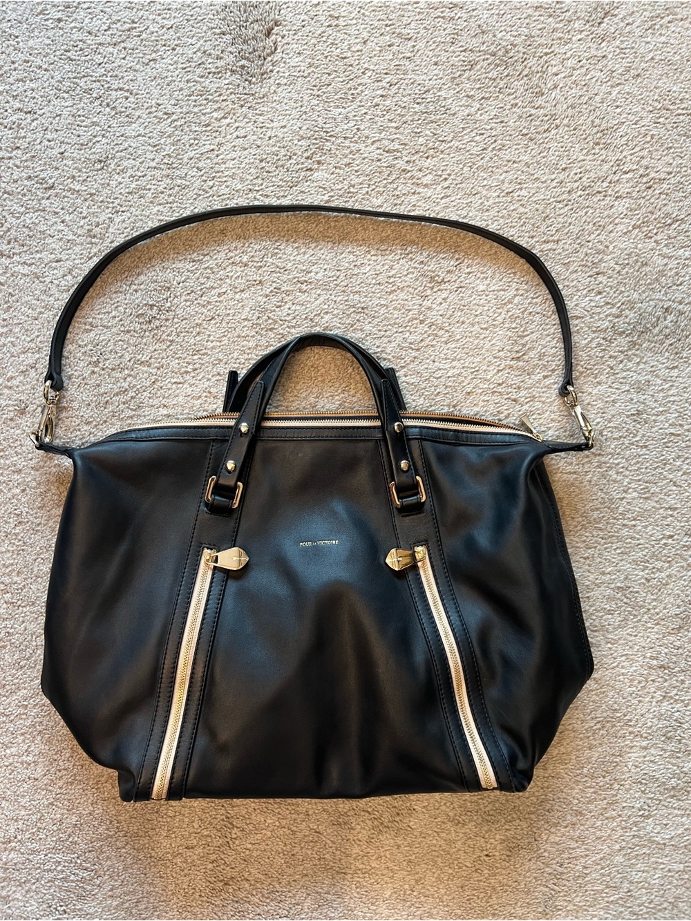 Pour La Victoire Large Black Soft Leather Bag w/Shoulder Strap w/Gold Hardware